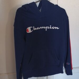 Champion Navy Hoodie with White Script and Red Sleeve Stripe